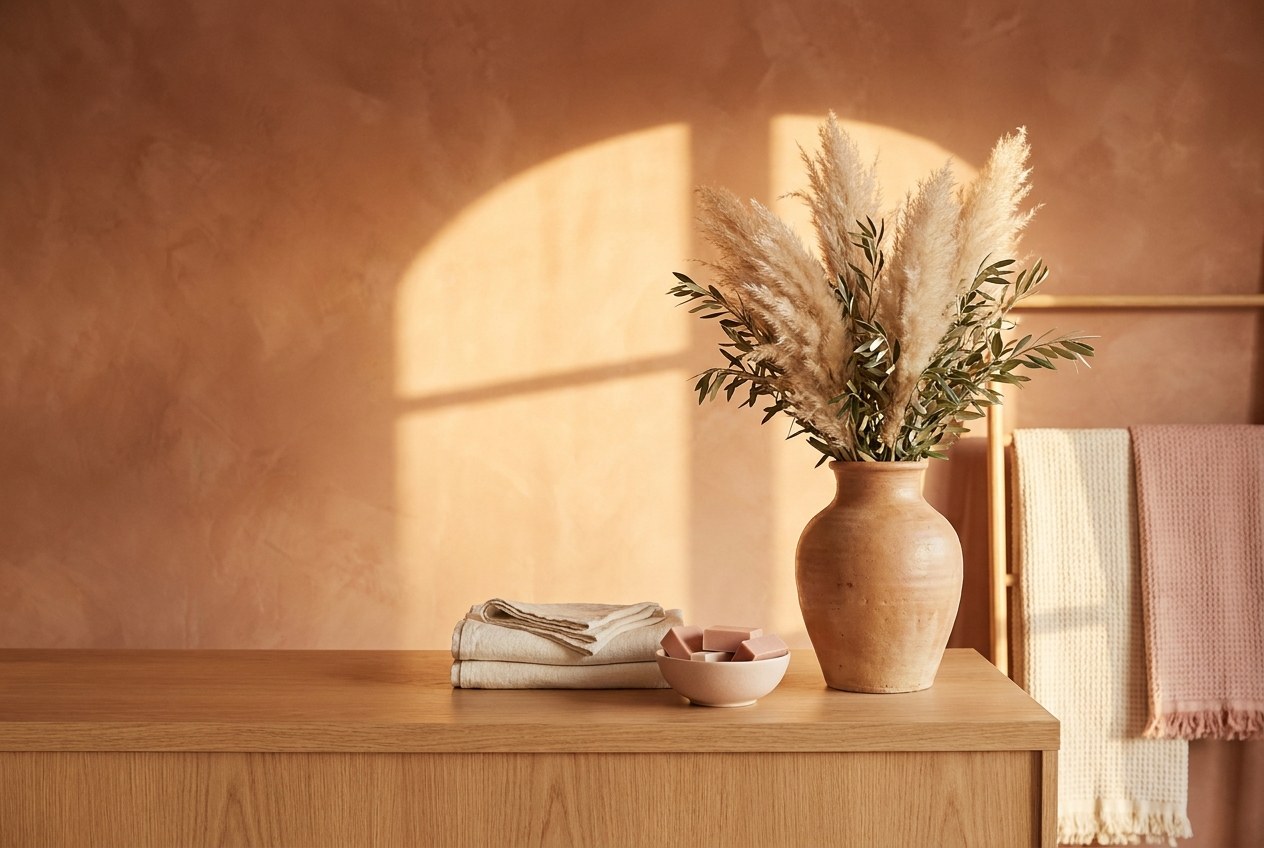 Recepción cálida de salón de estética con pared de terracota