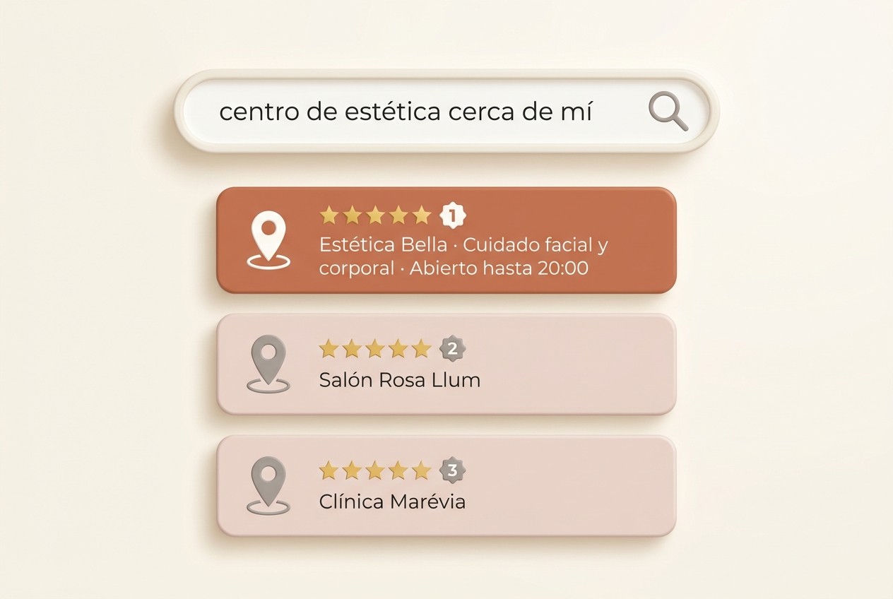 Salón de estética en primera posición de una búsqueda local con cinco estrellas